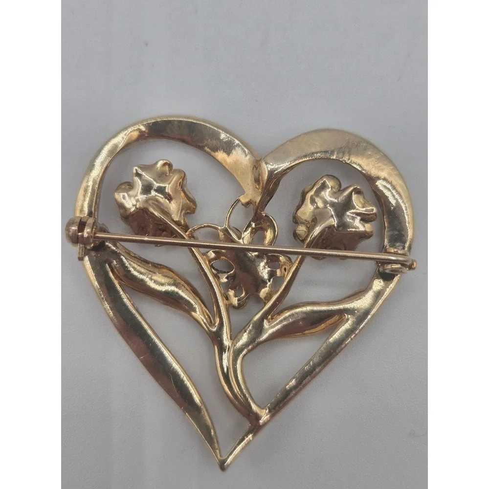 Vintage Rhinestone Brooch Set of‎ 2 Gold Tone Pink Heart Floral Butterfly Pins